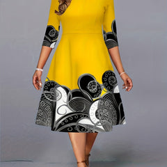 Colorblock Geo Print Round Neck A-line Party Dress