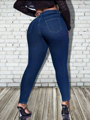 Plus Solid Button Fly High Rise Medium Stretch Skinny Jeans
