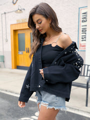 Faux Pearl Beaded Star Pattern Button Detail Denim Coat