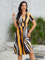 Striped Shirred Waist Dress V Neck Short Sleeve Women's Clothing