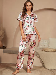 Floral Print Pajama Set Short Sleeve Buttons Top & Elastic Waistband Pants
