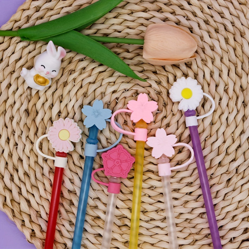 6pcs Reusable Silicone Straw Tips Cover for Party Favor Bags - Flower Design