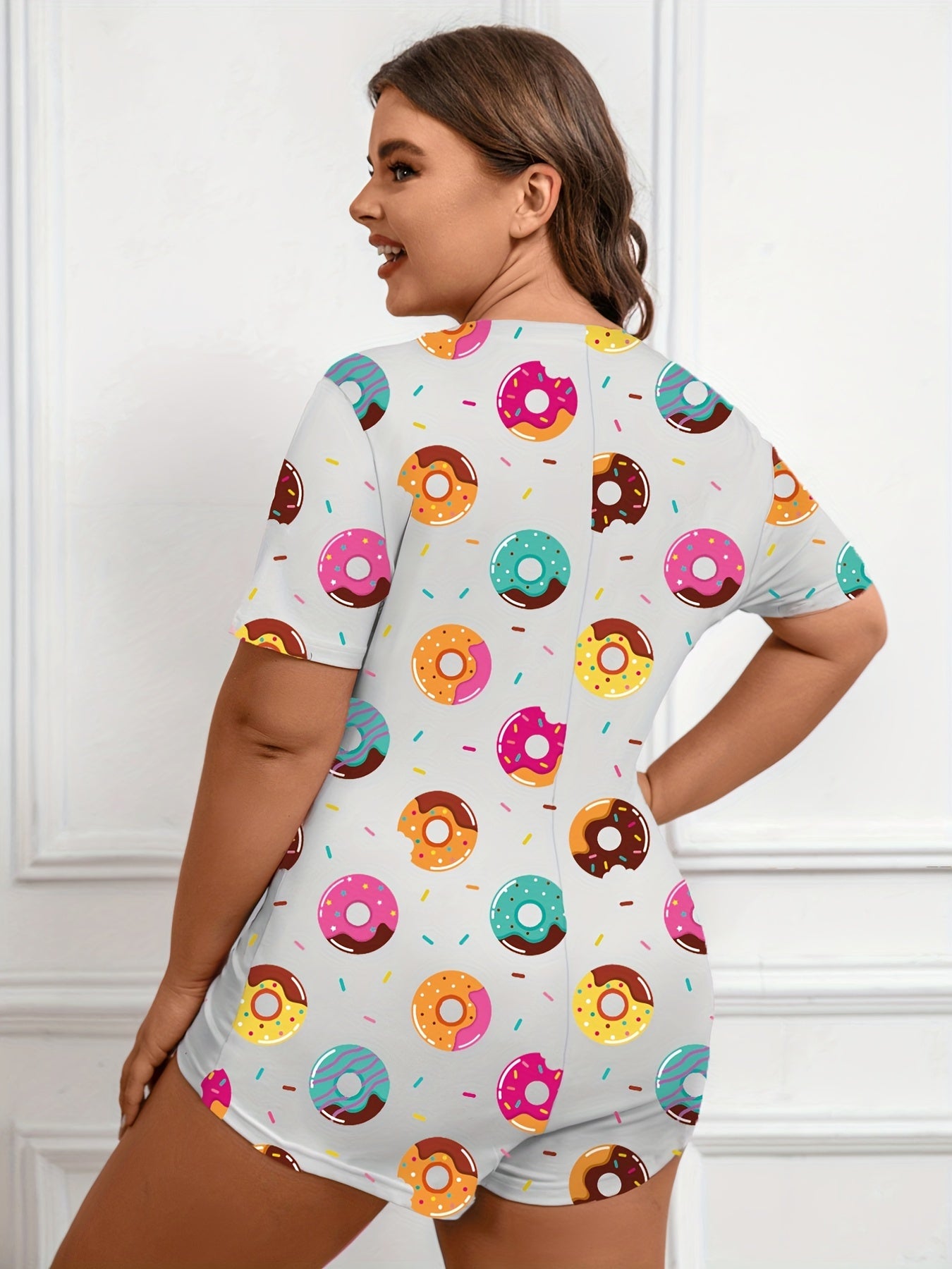 Cartoon Donut Print Pajama Romper