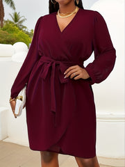 Casual Dress Women's Plus Solid Long Sleeve Wrap Dress