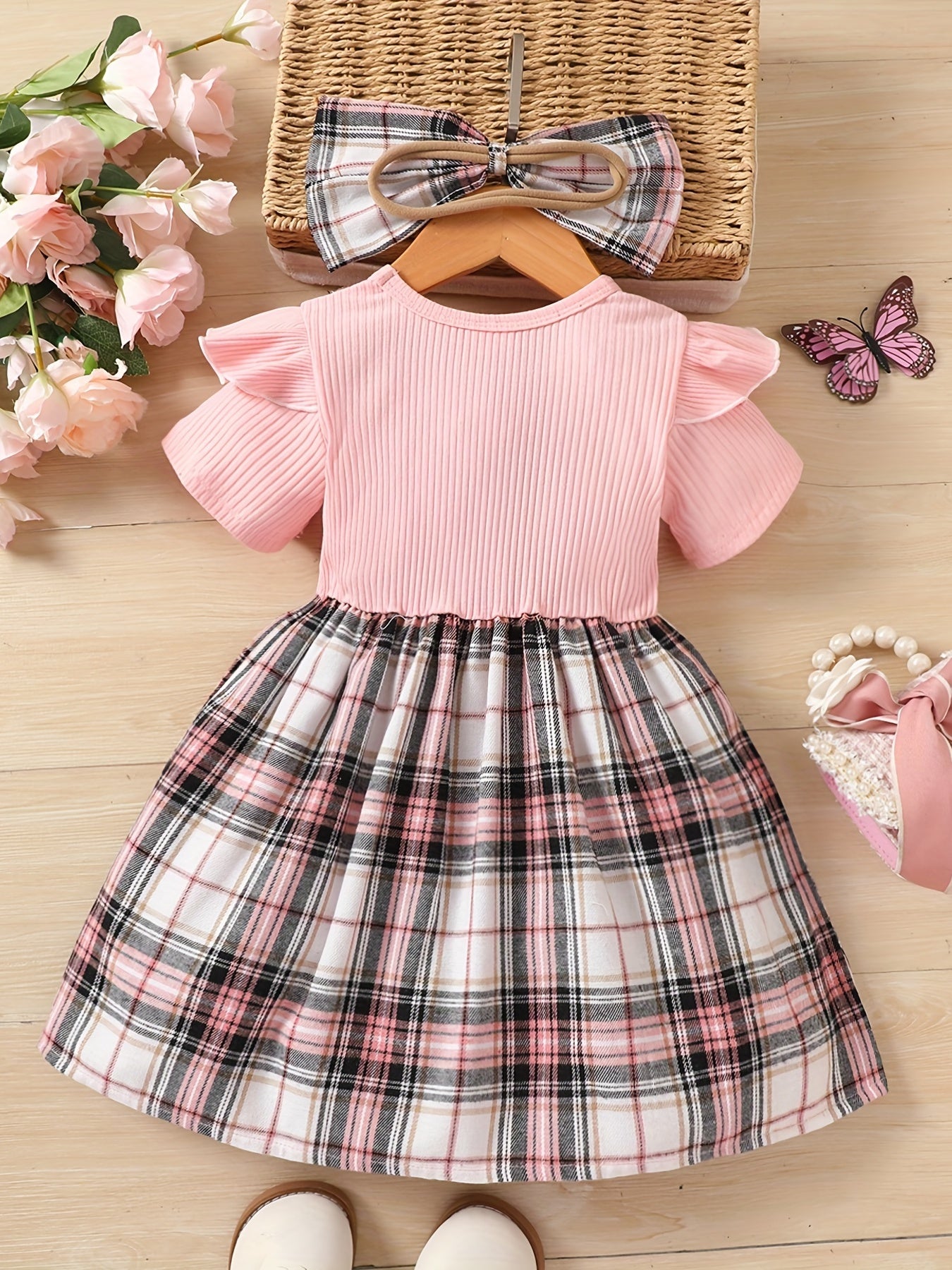 Toddler Girls Short Sleeve Plaid Graphic Bow Front Princess Tee