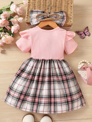 Toddler Girls Short Sleeve Plaid Graphic Bow Front Princess Tee