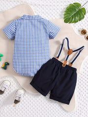 Baby Boys Plaid Shirt Onesie & Suspender Shorts Gentleman Outfit