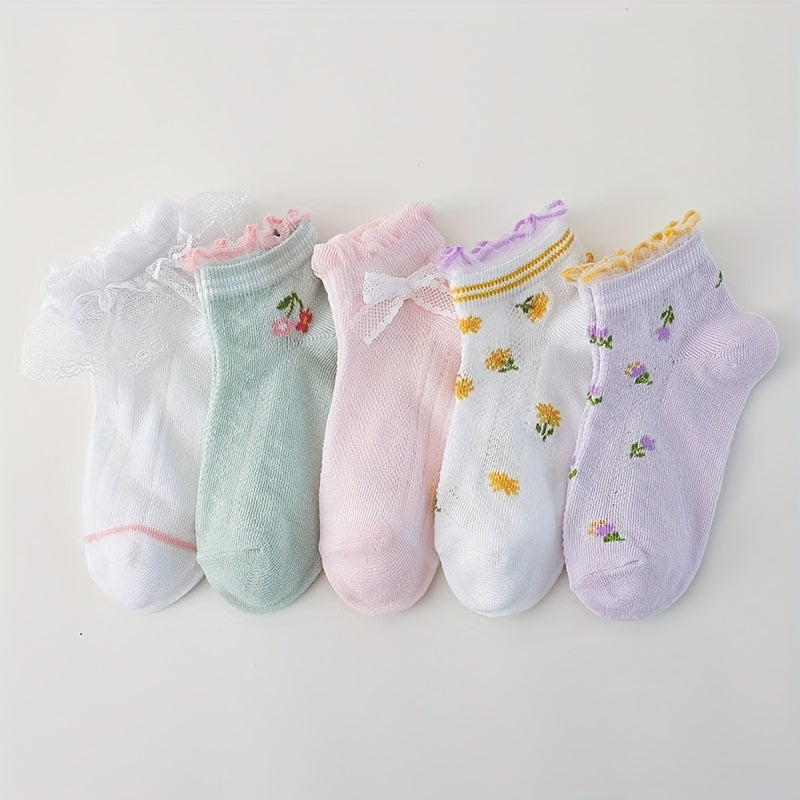 5pairs Girls Casual Knit Flower Print Ruffled Socks Thin Mesh for Spring