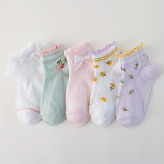 5pairs Girls Casual Knit Flower Print Ruffled Socks Thin Mesh for Spring