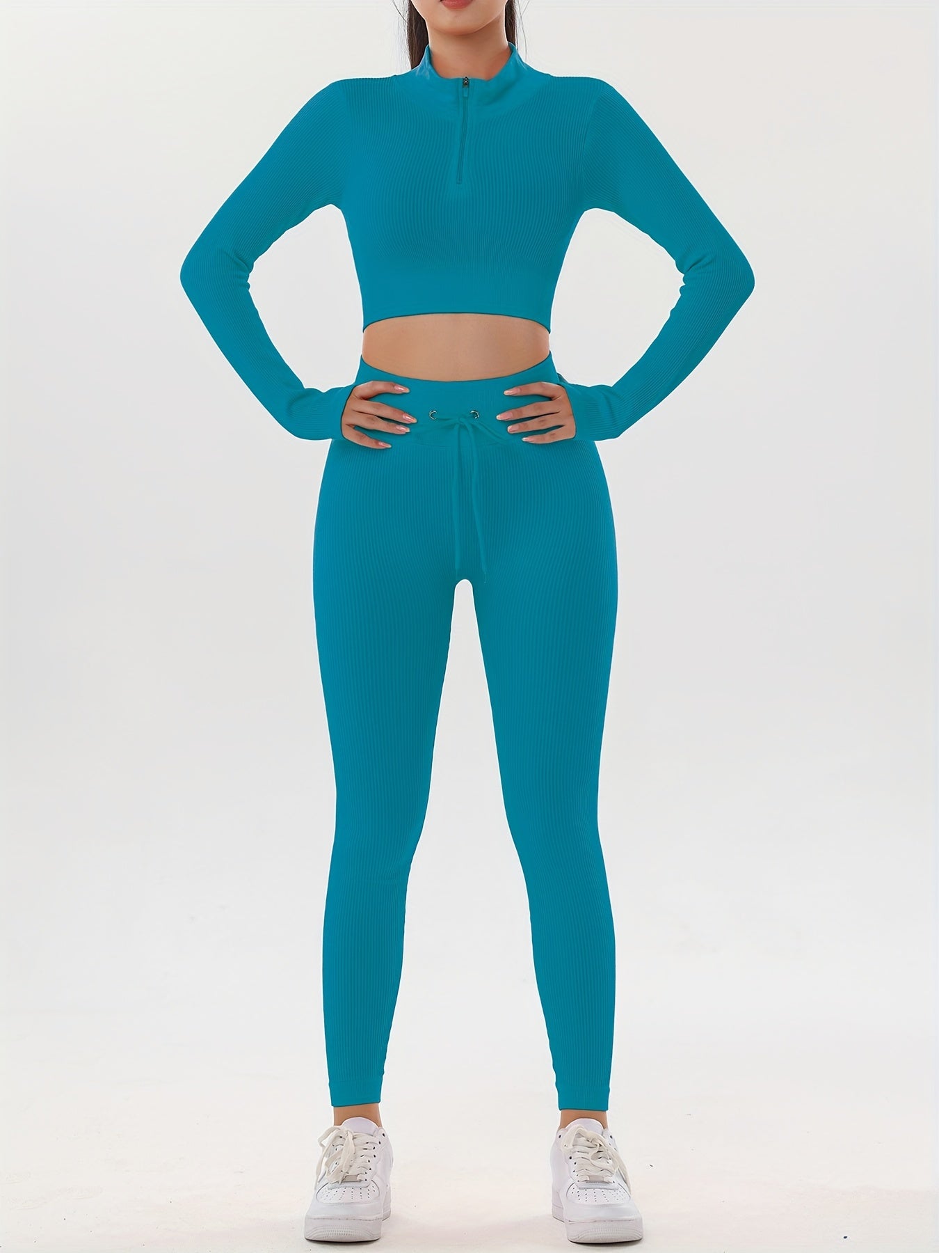 Ribbed Yoga Sports Set Long Sleeve Crop Top & Leggings