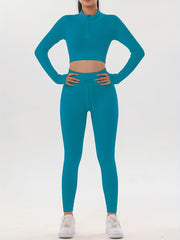 Ribbed Yoga Sports Set Long Sleeve Crop Top & Leggings