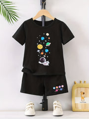 Boy's Astronaut Planet Print 2pcs T shirt & Shorts Set