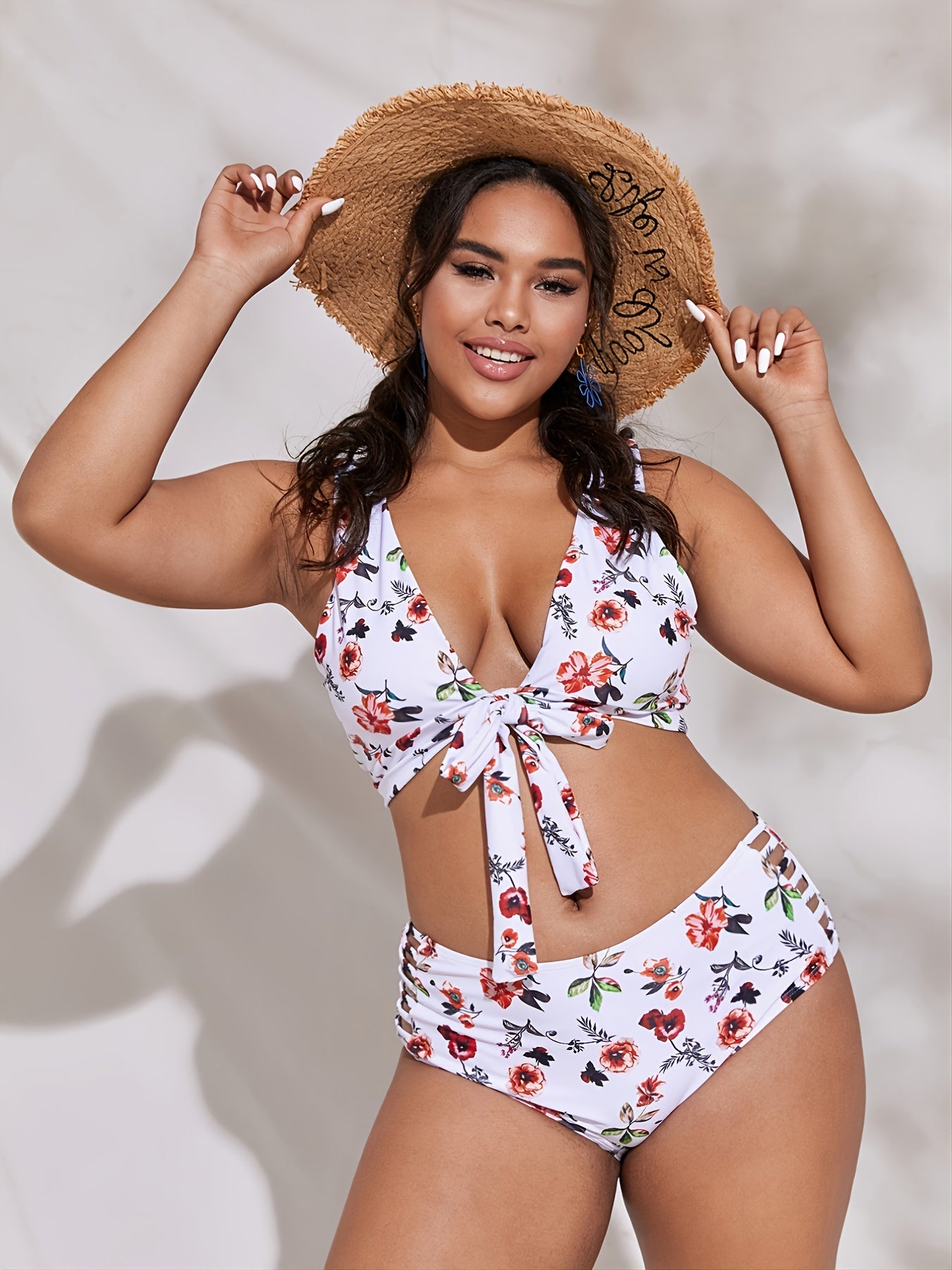 Floral Halter Neck Knot Front Bikini Set Women's Plus Size Two Piece Swimsuit