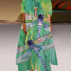 Dragonfly Print Roll Up Sleeve Round Neck Dress