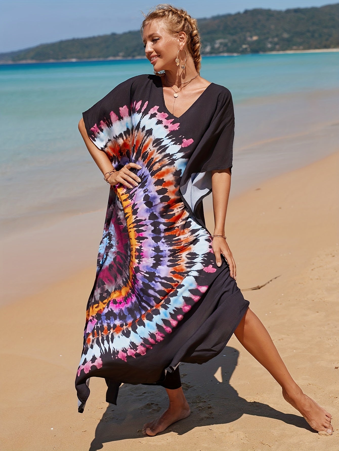 Boho Cover Up Women's Plus Tie Dye Bat Sleeve V Neck Split Loose Beach