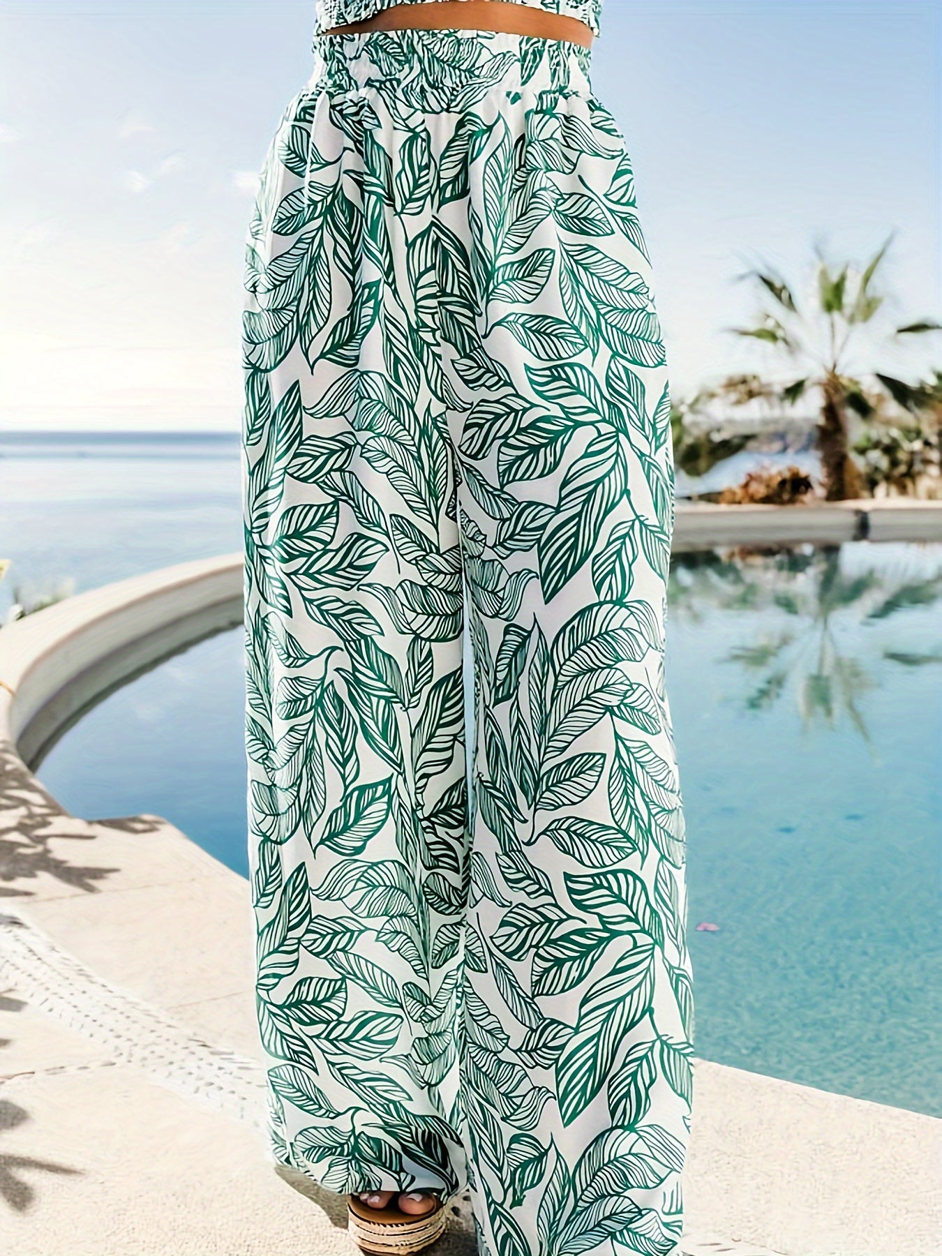 Leaf Print Two piece Set Crop Cami Top & Wide Leg Pants Outfits Women's Clothing