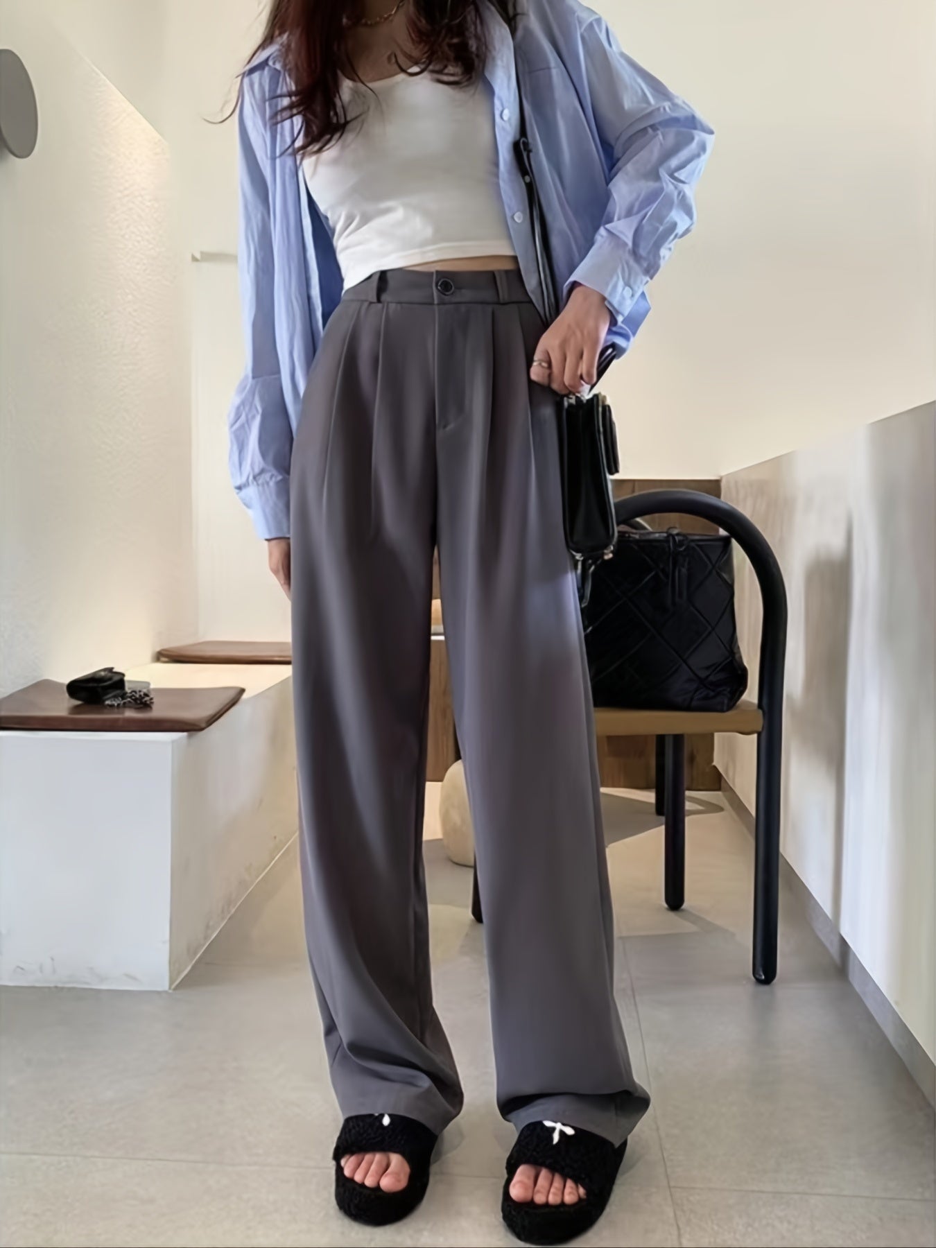 Solid High Waist Draped Long Length Pants