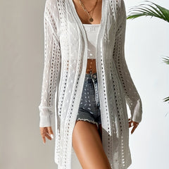 Long Sleeves Cover Up Shirts V Neck Slight Stretch Hollow Out Knitted Cardigan