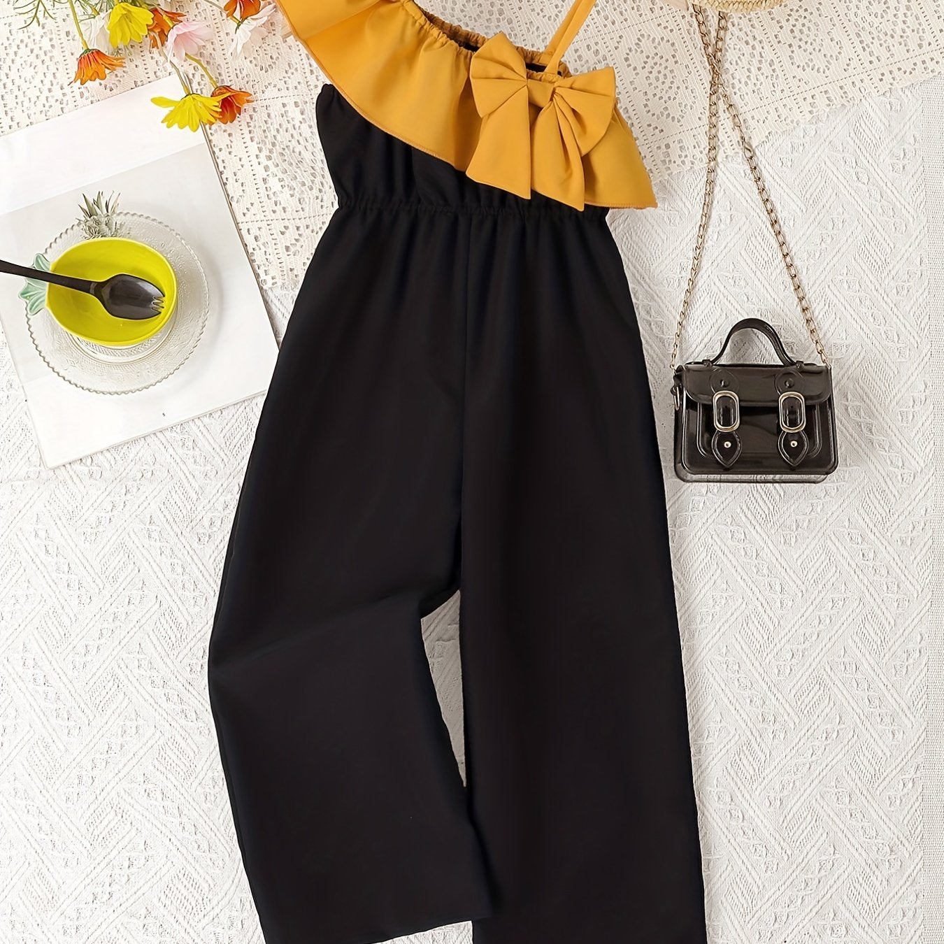 Girls Colorblock Bow Front Ruffle Trim Jumpsuit Romper