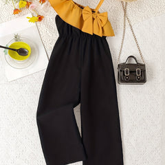 Girls Colorblock Bow Front Ruffle Trim Jumpsuit Romper