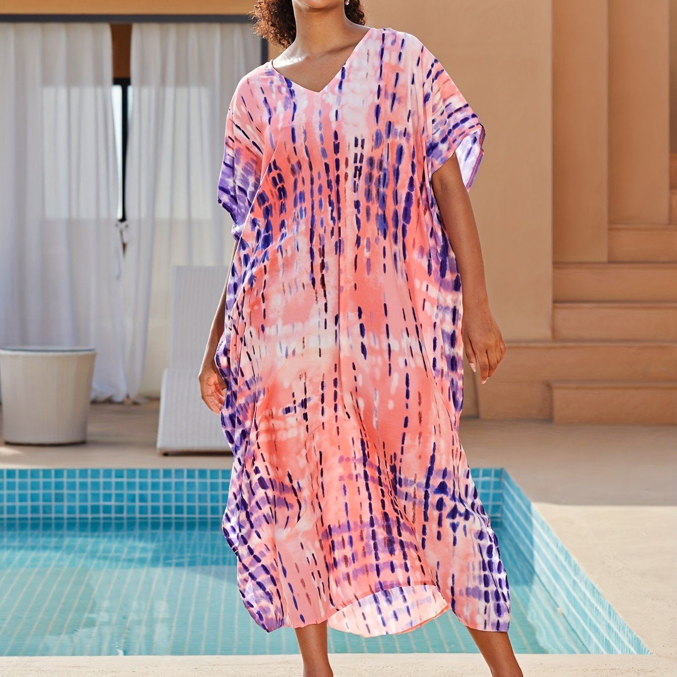 Tie Dye Stripe Print V Neck Maxi Beach Cover Up