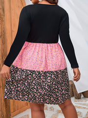Colorblock Ditsy Print Long Sleeve V Neck Mini Dress