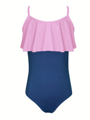 Toddler Girls Ruffle Ribbed Contrast Colors Swimsuit
