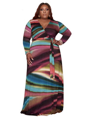 Tie Dye Maxi Dress With Belt Women's Plus Casual Long Sleeve Dress