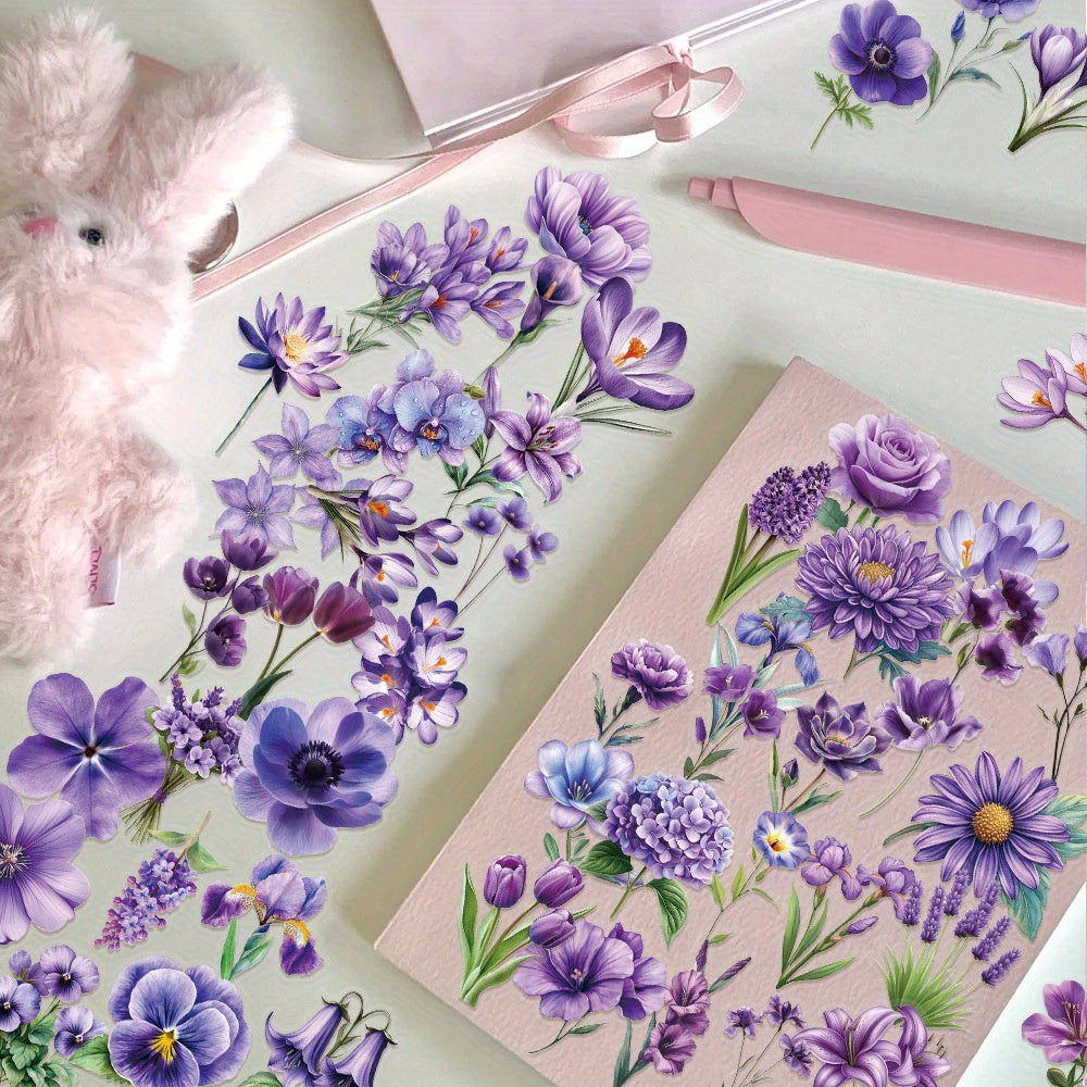 50pcs JJIJIAN Purple Romantic 2D Flower Stickers Vintage PET Stickers