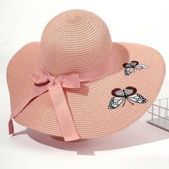 Pink Butterfly Embroidery Sun Hat Wide Brim Straw Beach Hat