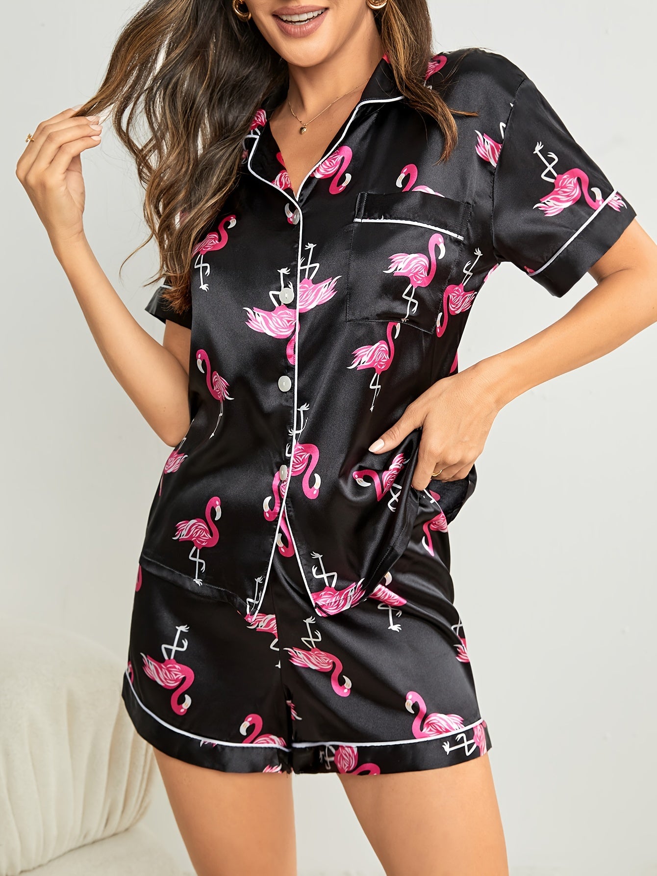 Flamingo Print Pajamas Set Short Sleeve Top & Shorts