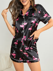 Flamingo Print Pajamas Set Short Sleeve Top & Shorts
