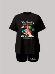 Women's Plus Slogan & Graphic Print Top & Shorts Outfits 2 Piece Set