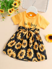 Baby Girls Sunflower Graphic Print Dress with Belt