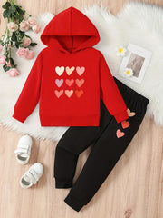 Girl's Heart Print Hoodie and Sweatpants Set Spring Fall Clothes
