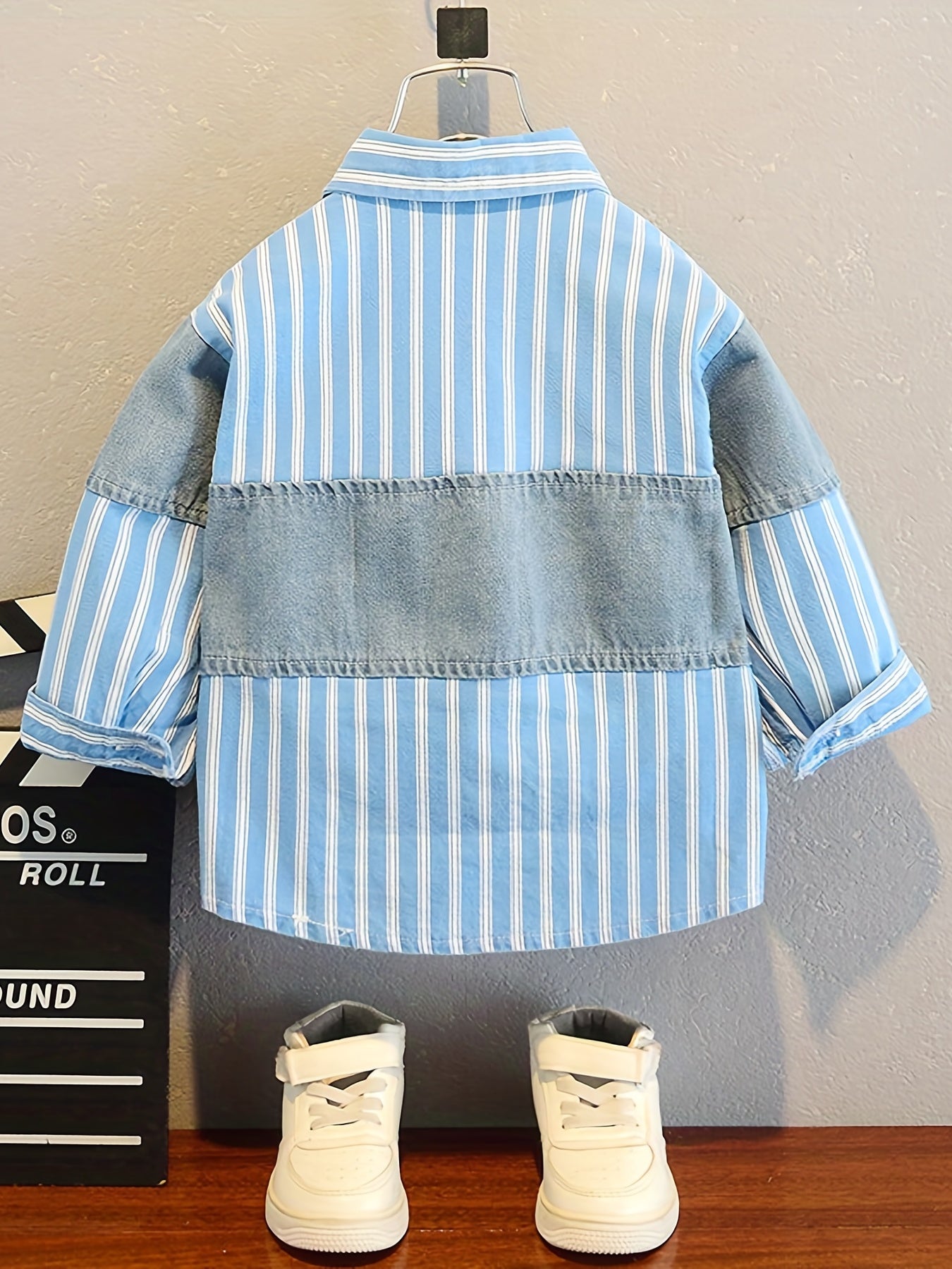 Boy's Stripes Graphic Print Fleece Denim Jacket Winter Spring Autumn