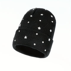 Crystal Star Beanie Knit Hat Elastic Warm Skull Cap for Women