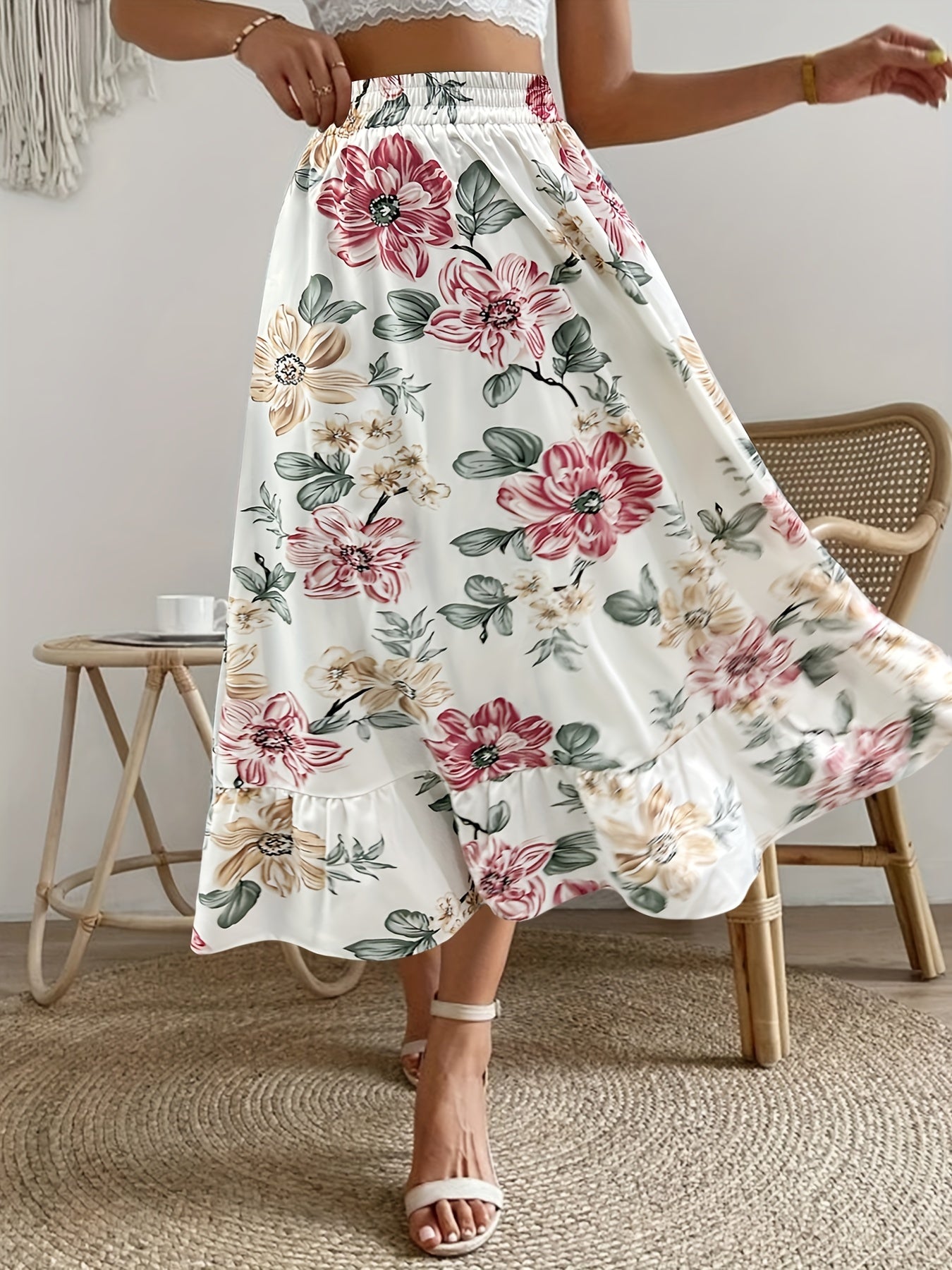 Vintage Floral Print Skirts Elastic Waist Ruffle Trim Summer Skirts