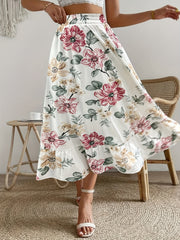 Vintage Floral Print Skirts Elastic Waist Ruffle Trim Summer Skirts