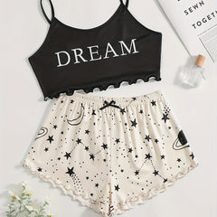 Letter Print Pajama Set & Starry Print Shorts Sleepwear