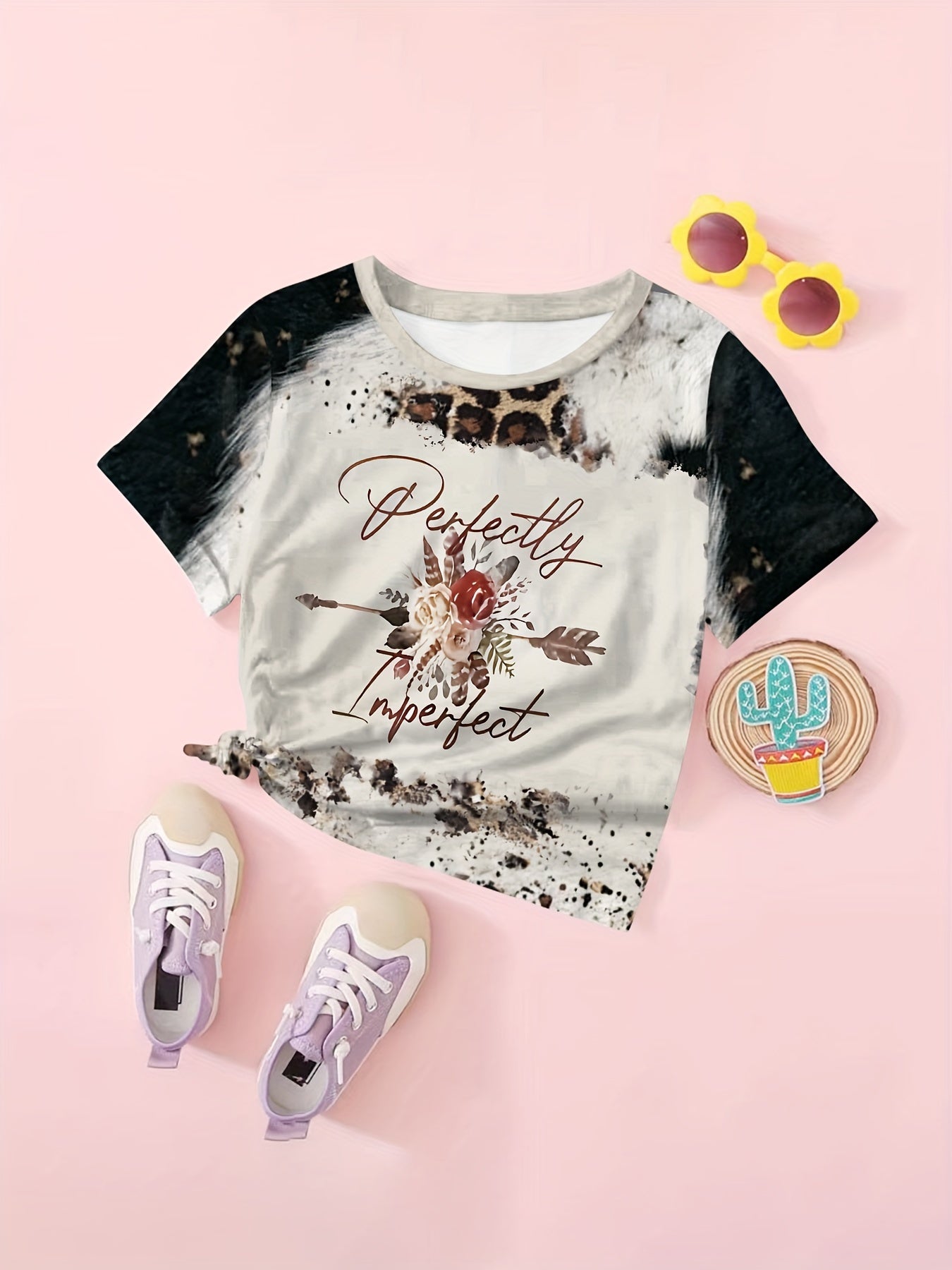 Girls Perfectly Imperfect Leopard Print Graphic T-shirt Short Sleeve Pullover