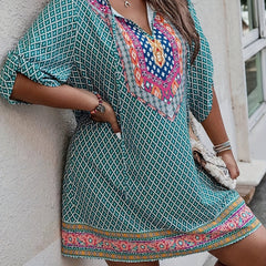 Boho Dress Women's Plus Colorblock Argyle Print Tie V Neck Mini Dress