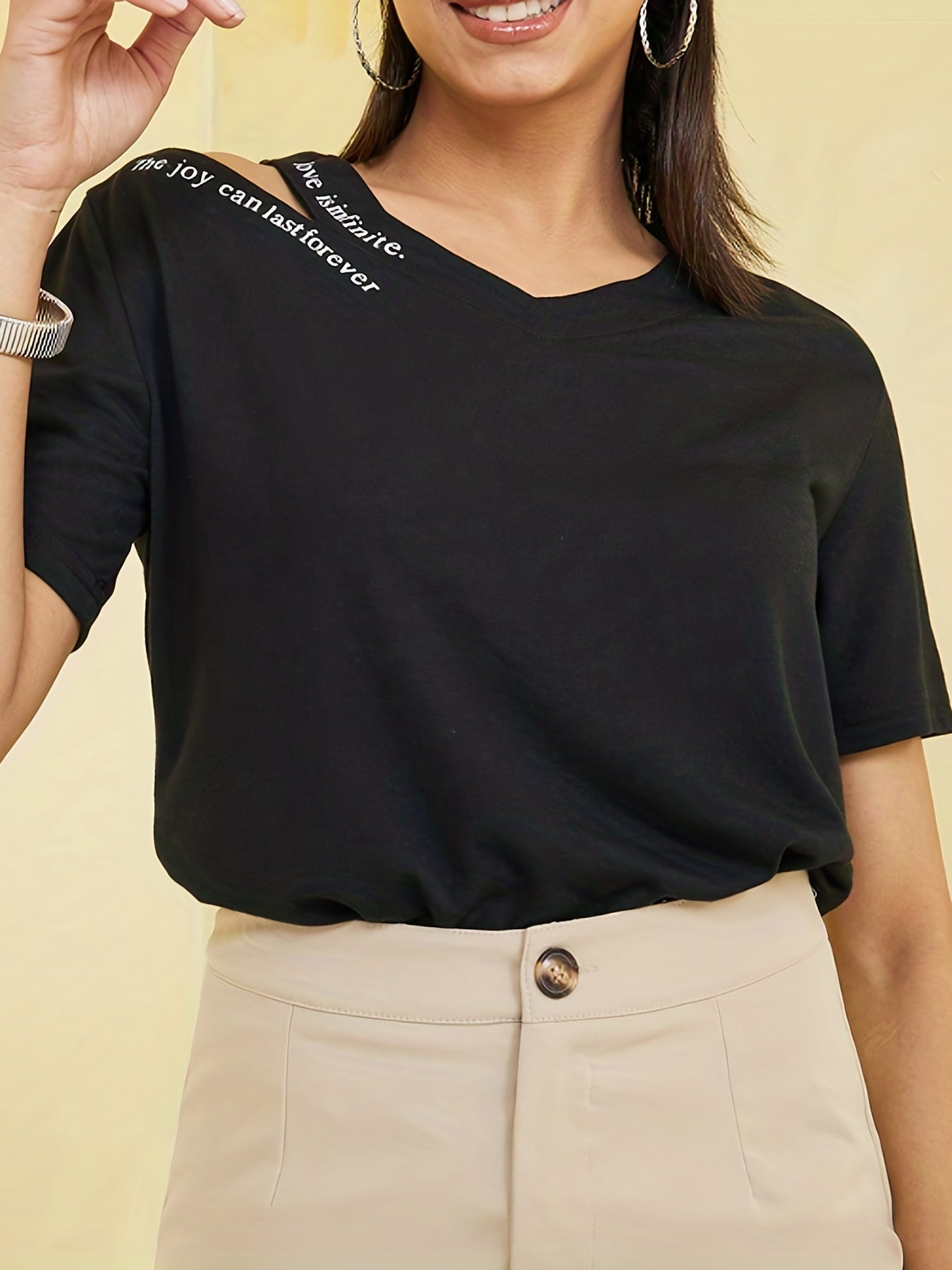 V Neck Cut Out Shoulder Tee Letter Print Short Sleeve Casual Sports T shirts