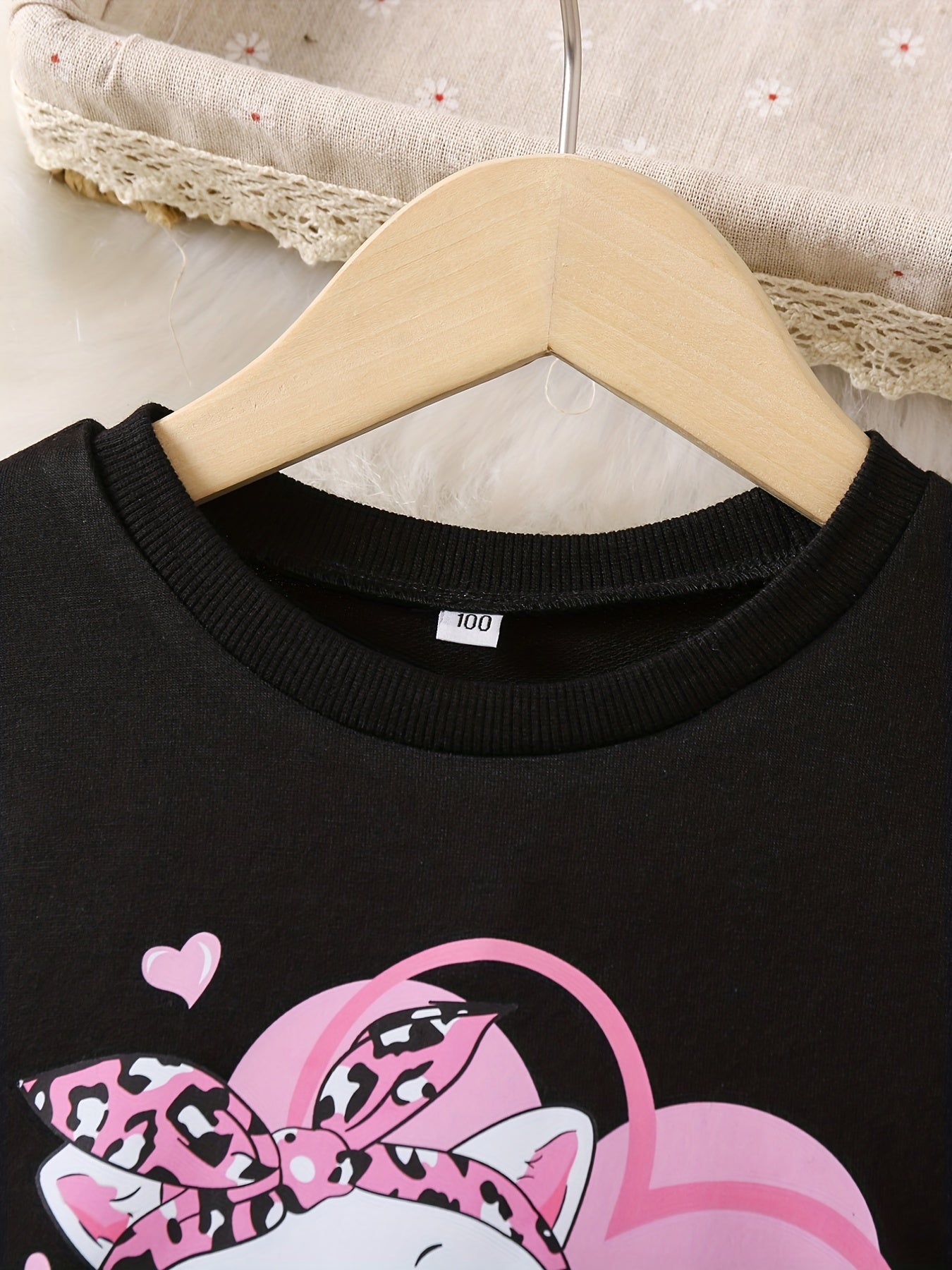 Girls Pink Leopard & Bow Cat Graphic Long Sleeve T Shirt