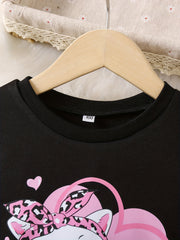 Girls Pink Leopard & Bow Cat Graphic Long Sleeve T Shirt