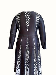 Colorblock Floral & Dot Print Long Sleeve Dress