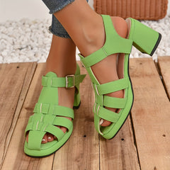 Women's Retro Chunky Heel Cutout Sandals Buckle Strap Solid Sandals