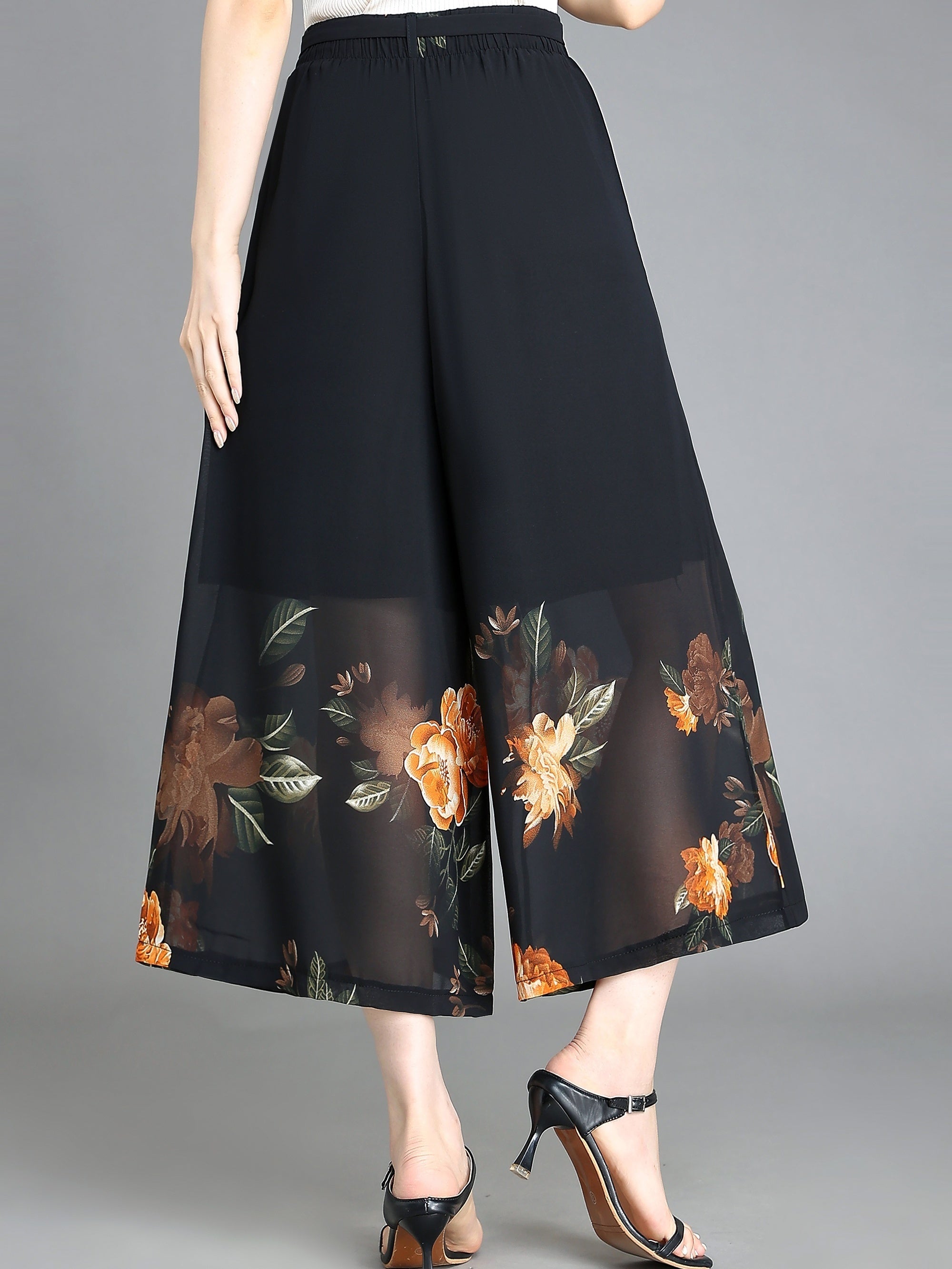 Floral Pattern Chiffon Wide Leg Pants for Women
