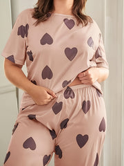 Heart Print Short Sleeve Tee & Pants Loungewear Set
