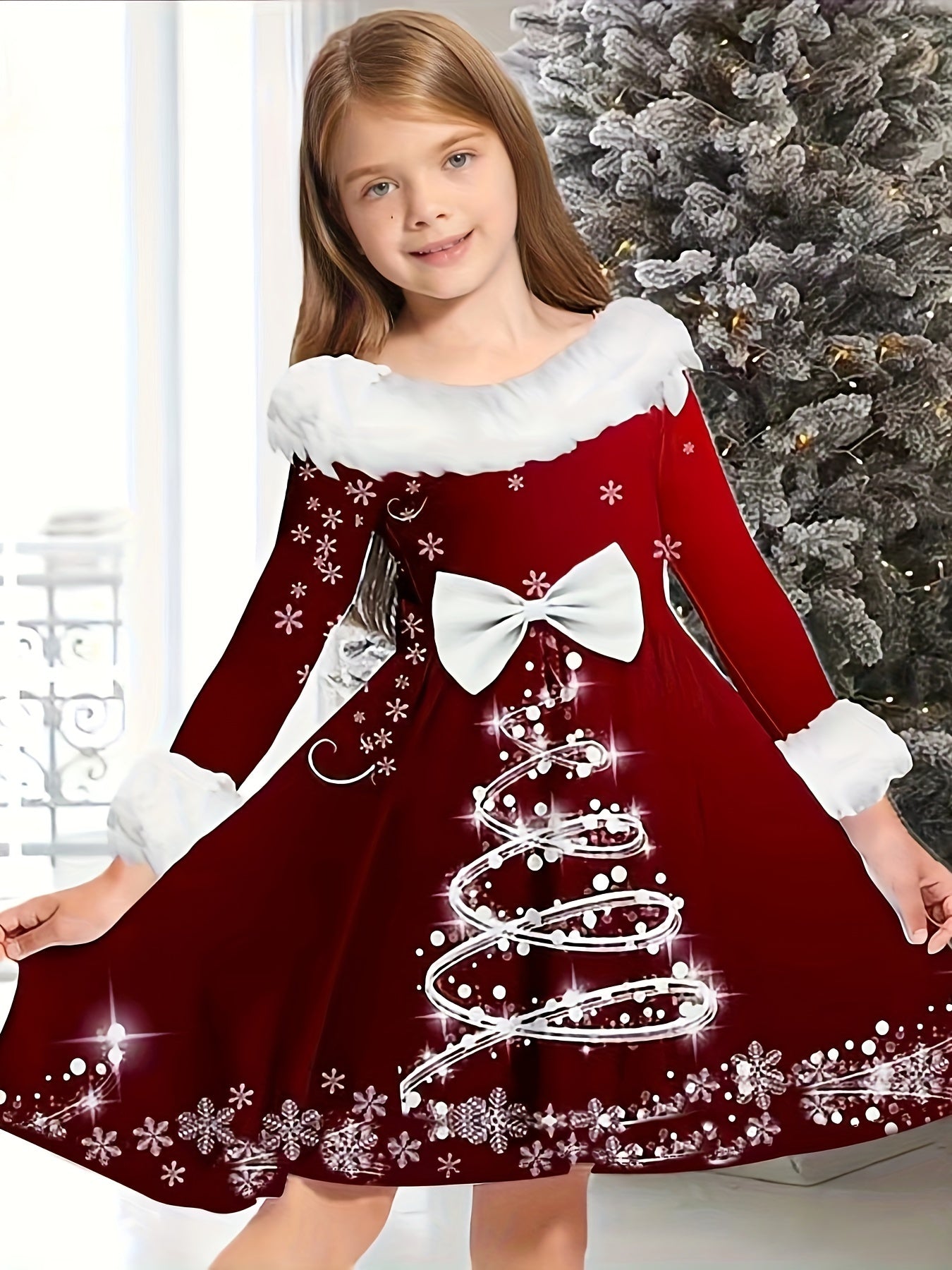 Girls Bow Christmas Tree Graphic Long Sleeve Dress